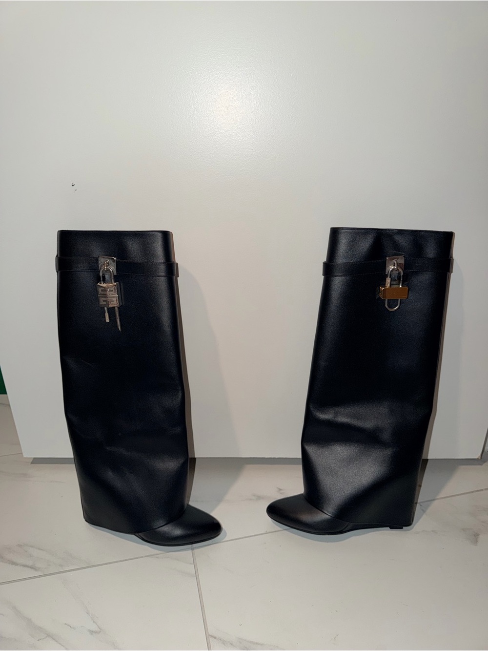 Givenchy Black Wedge Knee Boots with Padlock Accent